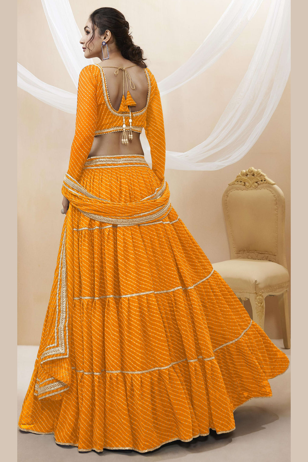 Orange Georgette Leriya Print Lehenga Choli For Indian & Pakistani Wedding Festival - Print Work
