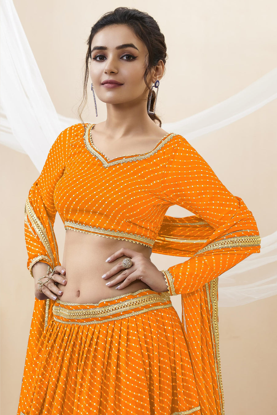 Orange Georgette Leriya Print Lehenga Choli For Indian & Pakistani Wedding Festival - Print Work