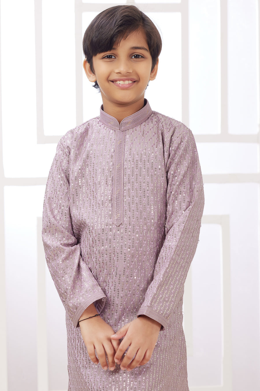 Purple Art Silk 2 Piece Kids Wear Boys Suit Long Kurta Pajama for Kids for Festivals & Wedding - Embroidery Work