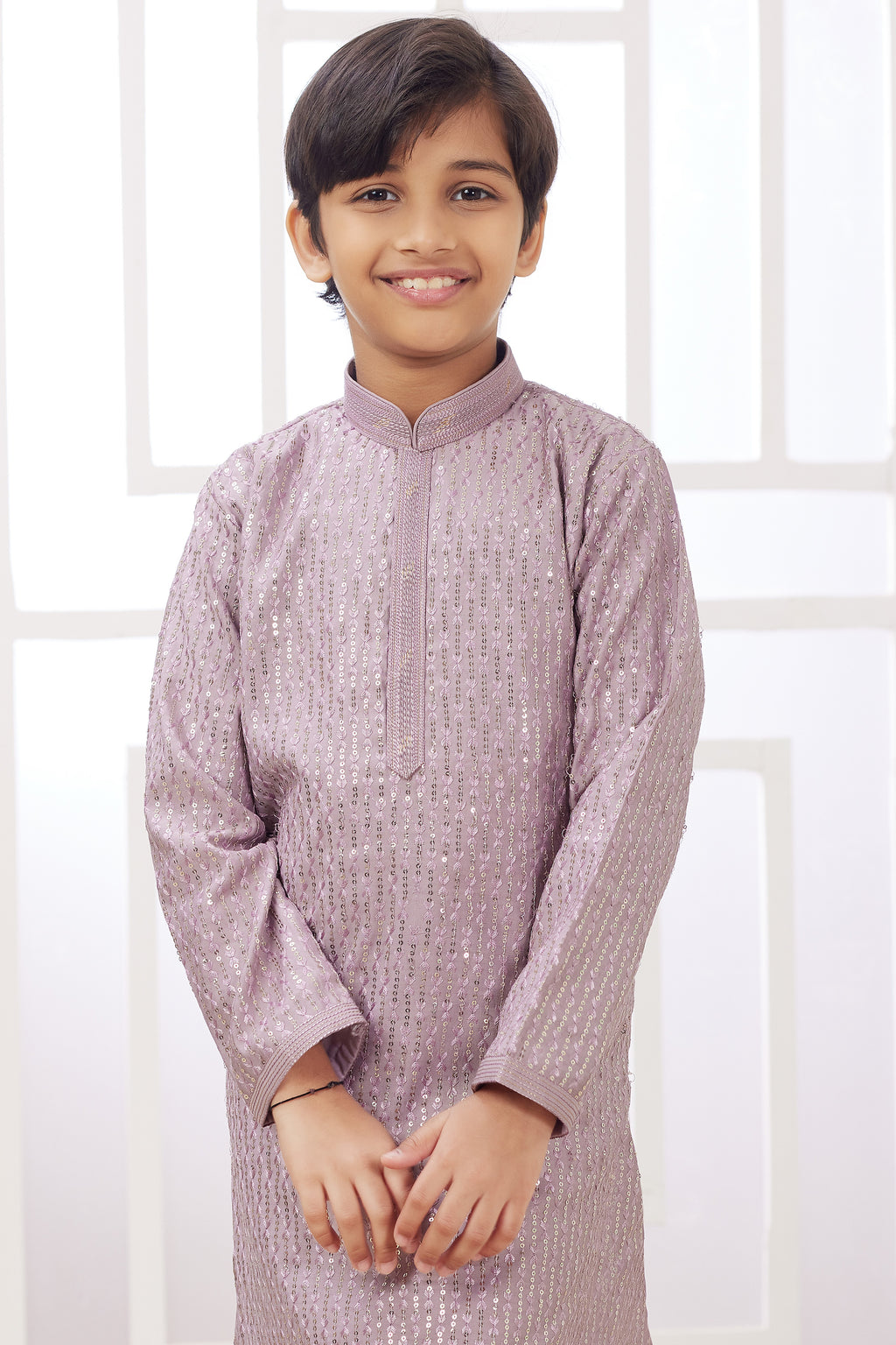 Purple Art Silk Father Son Matching Combo Indo Western Traditional Sherwani Long Kurta & Pajama Suit for Wedding - Embroidery Work