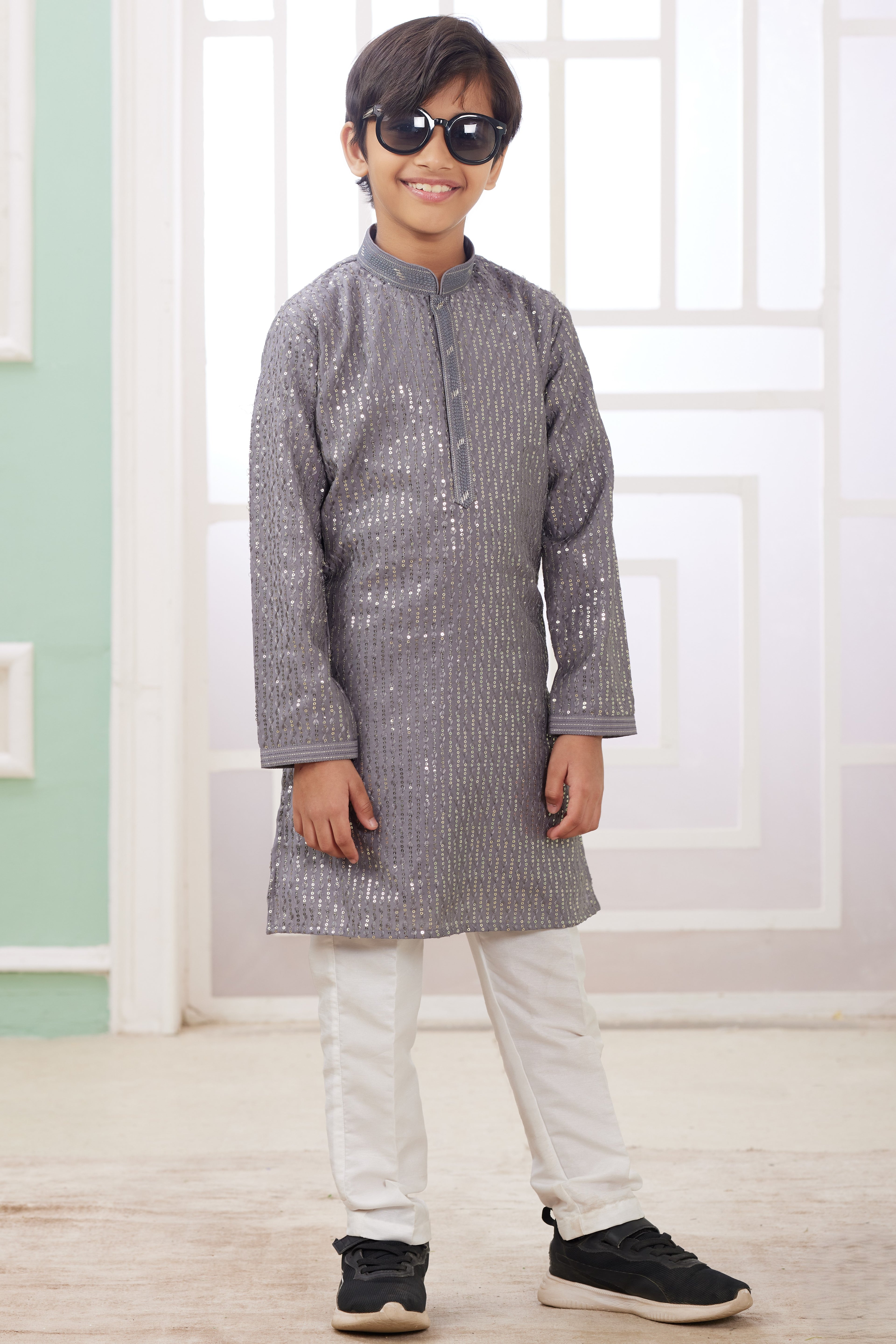 Gray Art Silk Father Son Matching Combo Indo Western Traditional Sherwani Long Kurta & Pajama Suit for Wedding - Embroidery Work