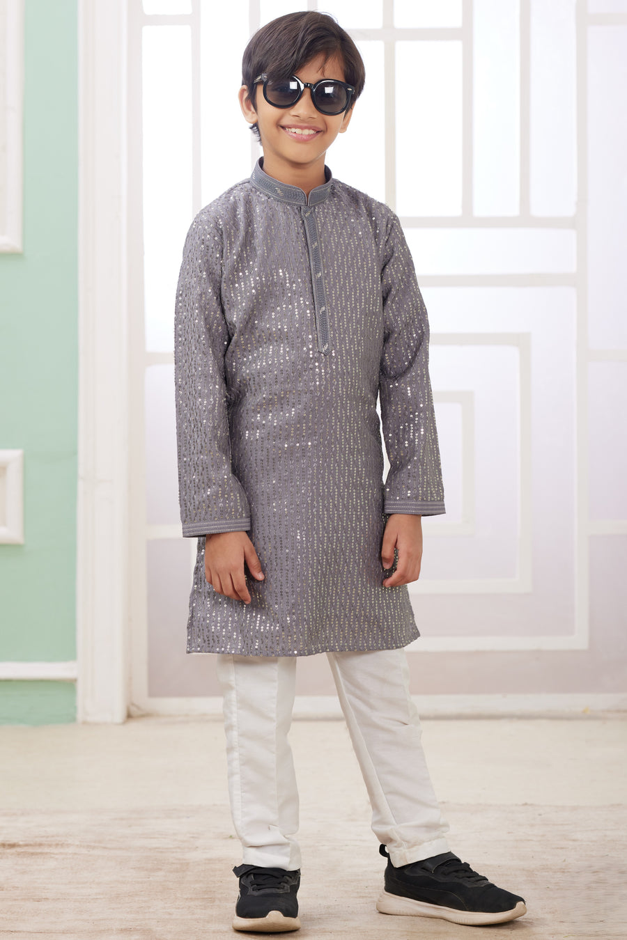 Gray Art Silk Father Son Matching Combo Indo Western Traditional Sherwani Long Kurta & Pajama Suit for Wedding - Embroidery Work