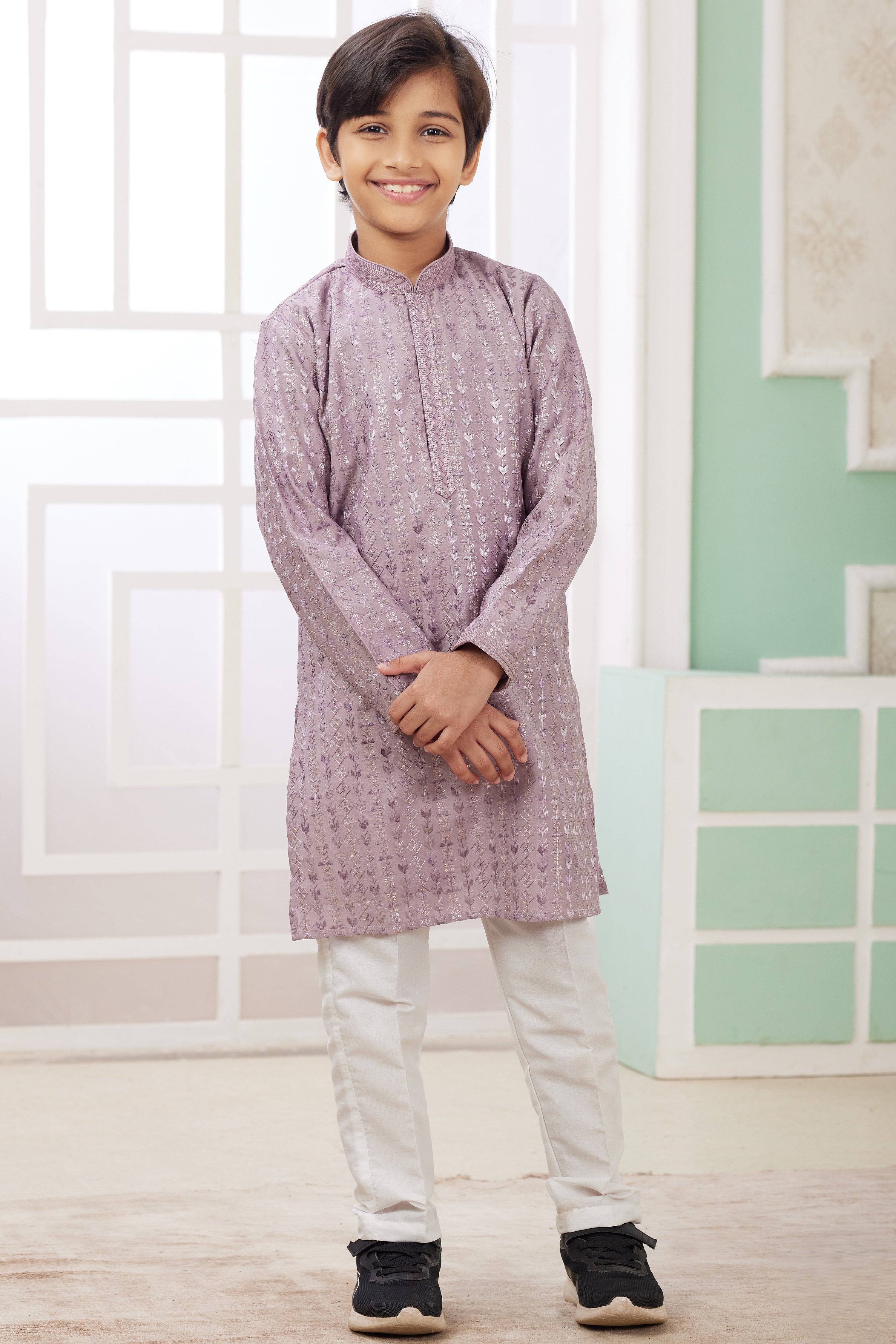 Purple Art Silk 2 Piece Kids Wear Boys Suit Long Kurta Pajama for Kids for Festivals & Wedding - Embroidery Work
