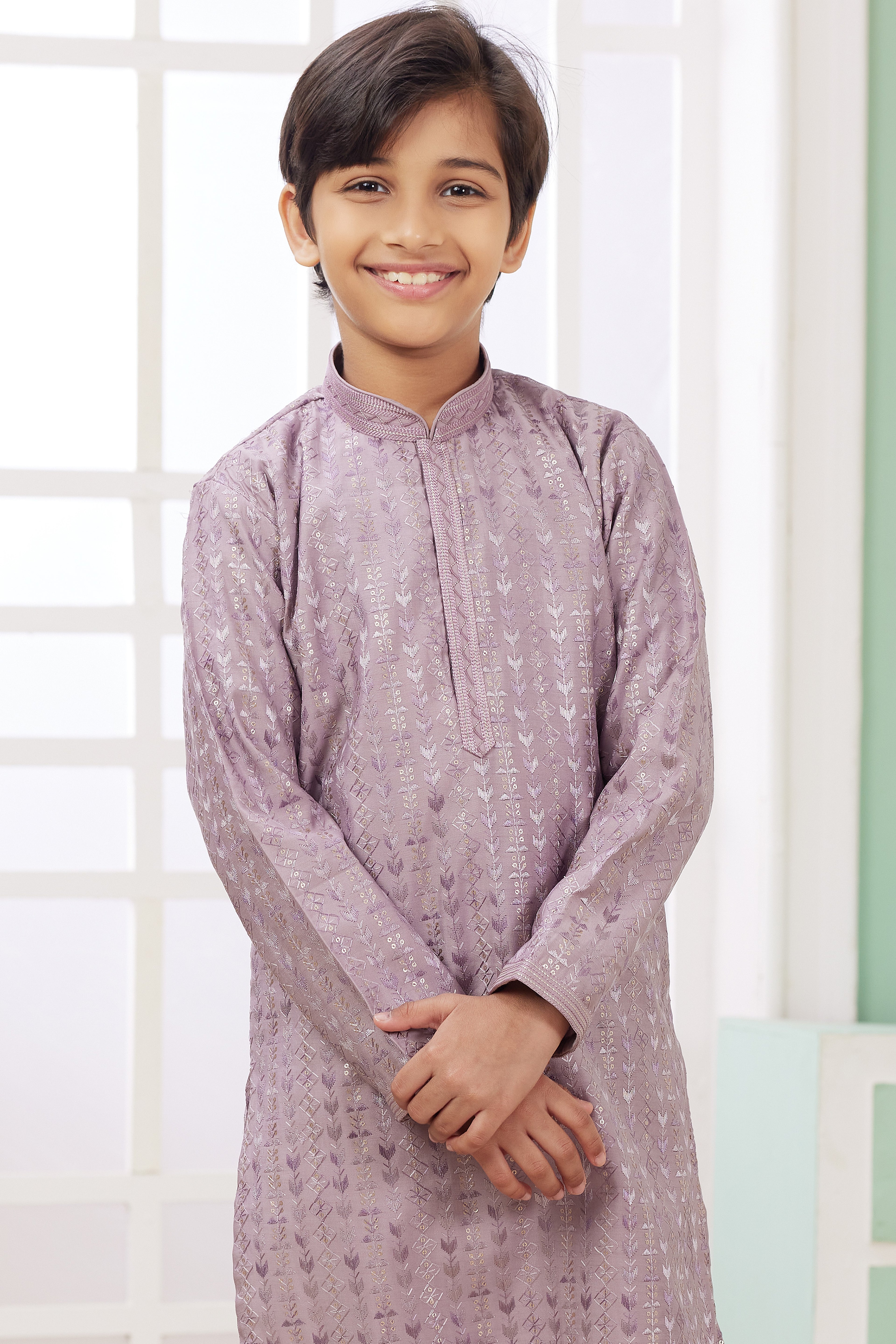 Purple Art Silk 2 Piece Kids Wear Boys Suit Long Kurta Pajama for Kids for Festivals & Wedding - Embroidery Work