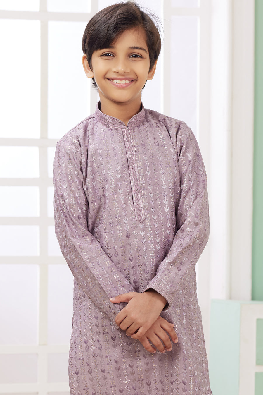 Purple Art Silk 2 Piece Kids Wear Boys Suit Long Kurta Pajama for Kids for Festivals & Wedding - Embroidery Work