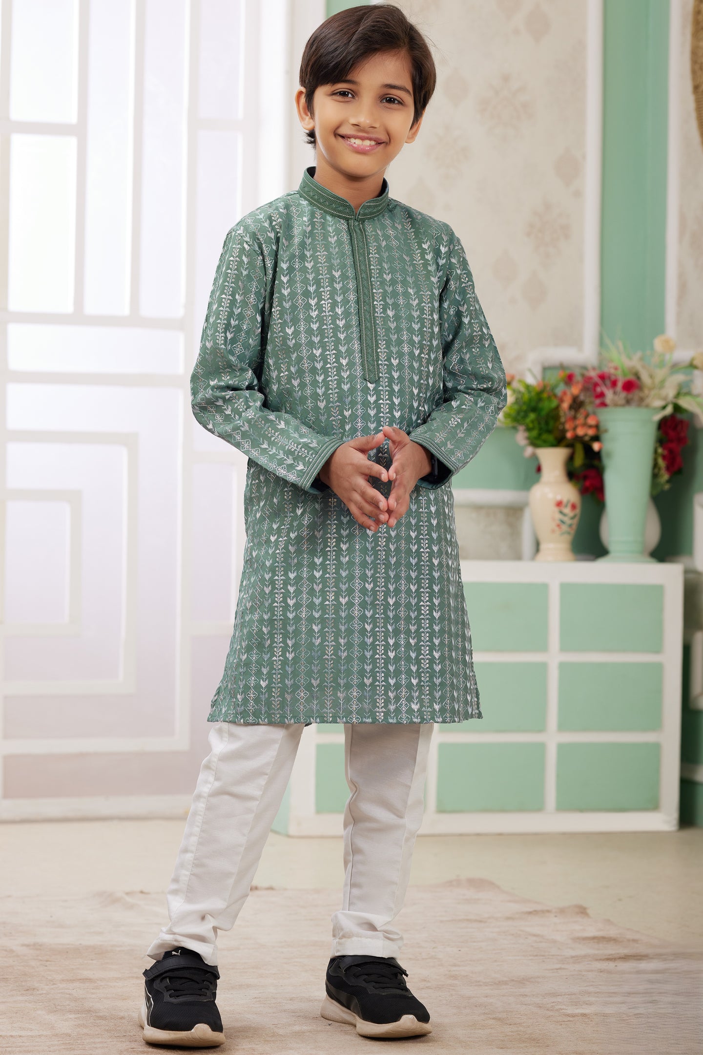 Dusty Green Art Silk 2 Piece Kids Wear Boys Suit Long Kurta Pajama for Kids for Festivals & Wedding - Embroidery Work