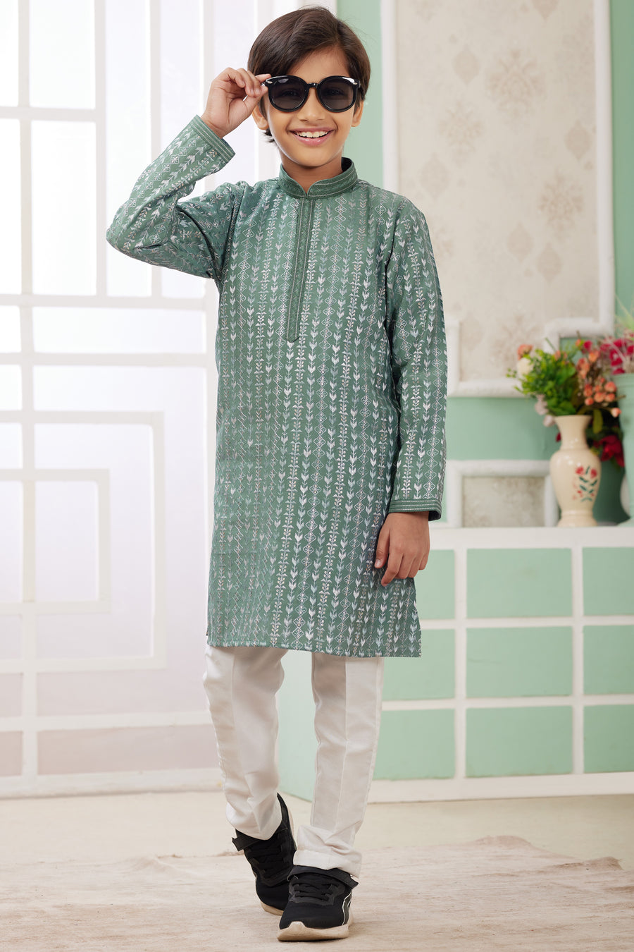 Dusty Green Art Silk 2 Piece Kids Wear Boys Suit Long Kurta Pajama for Kids for Festivals & Wedding - Embroidery Work
