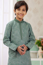 Dusty Green Art Silk 2 Piece Kids Wear Boys Suit Long Kurta Pajama for Kids for Festivals & Wedding - Embroidery Work