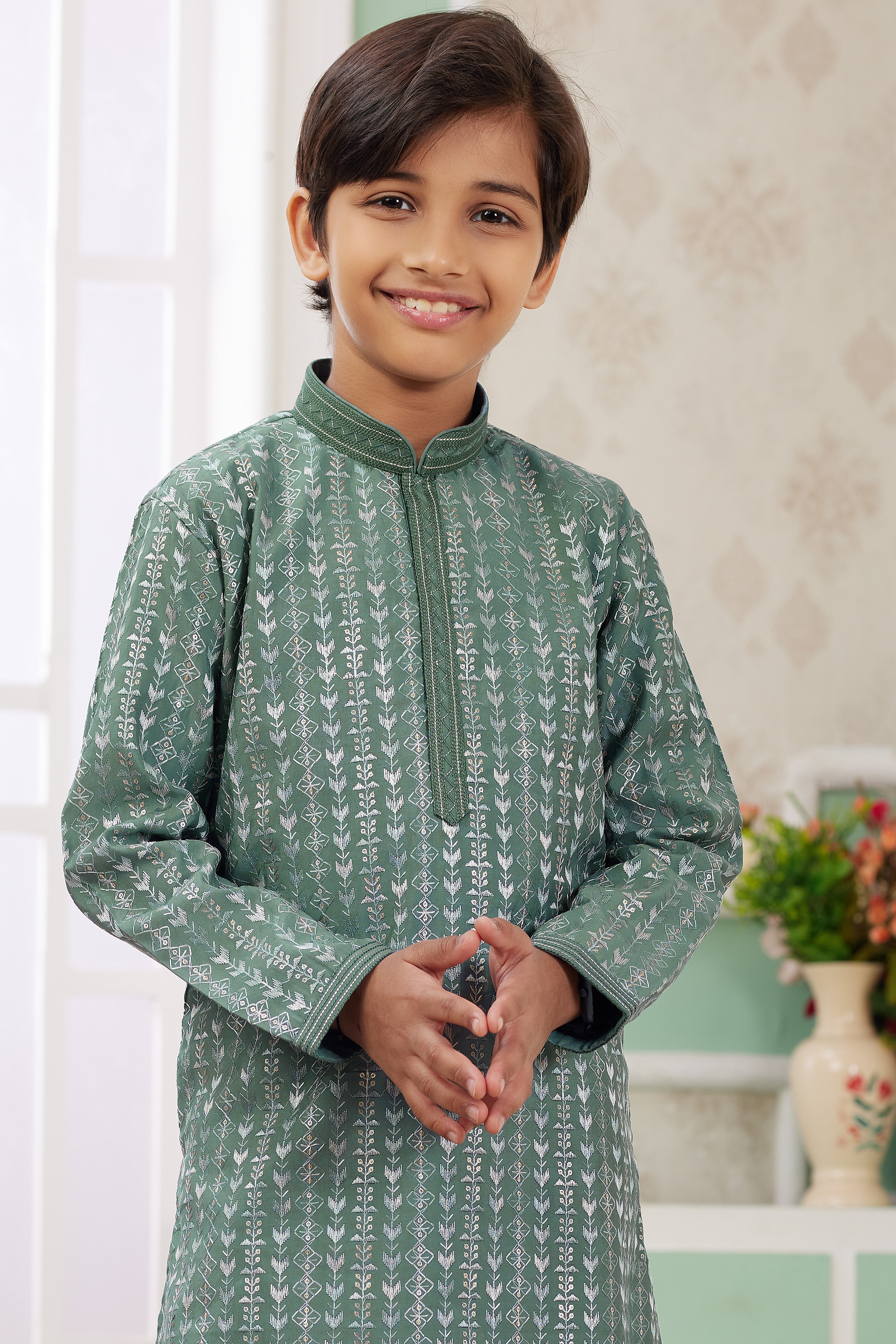 Light Green Art Silk Father Son Matching Combo Indo Western Traditional Sherwani Long Kurta & Pajama Suit for Wedding - Embroidery Work