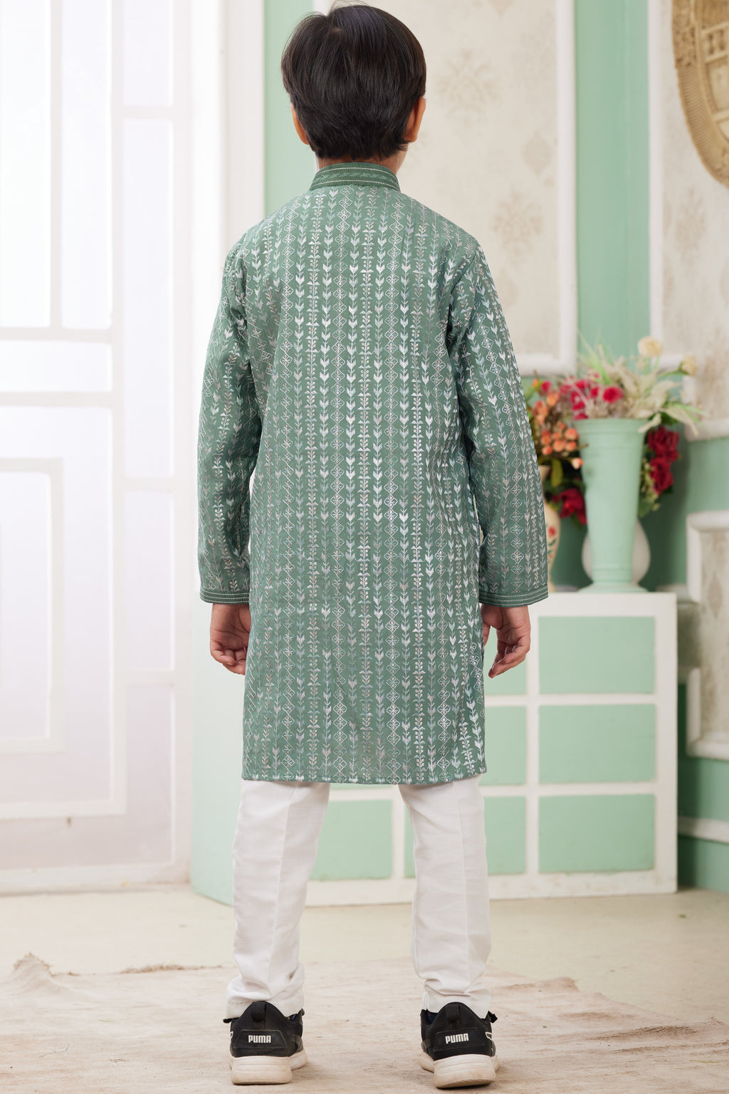 Dusty Green Art Silk 2 Piece Kids Wear Boys Suit Long Kurta Pajama for Kids for Festivals & Wedding - Embroidery Work