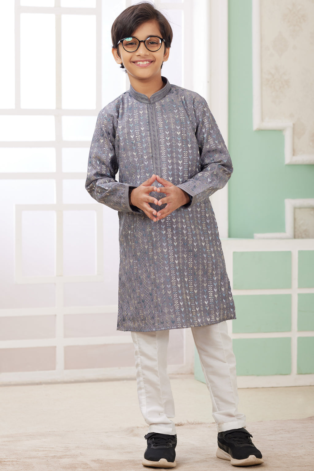 Lavender Gray Art Silk 2 Piece Kids Wear Boys Suit Long Kurta Pajama for Kids for Festivals & Wedding - Embroidery Work