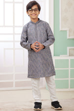 Lavender Gray Art Silk 2 Piece Kids Wear Boys Suit Long Kurta Pajama for Kids for Festivals & Wedding - Embroidery Work