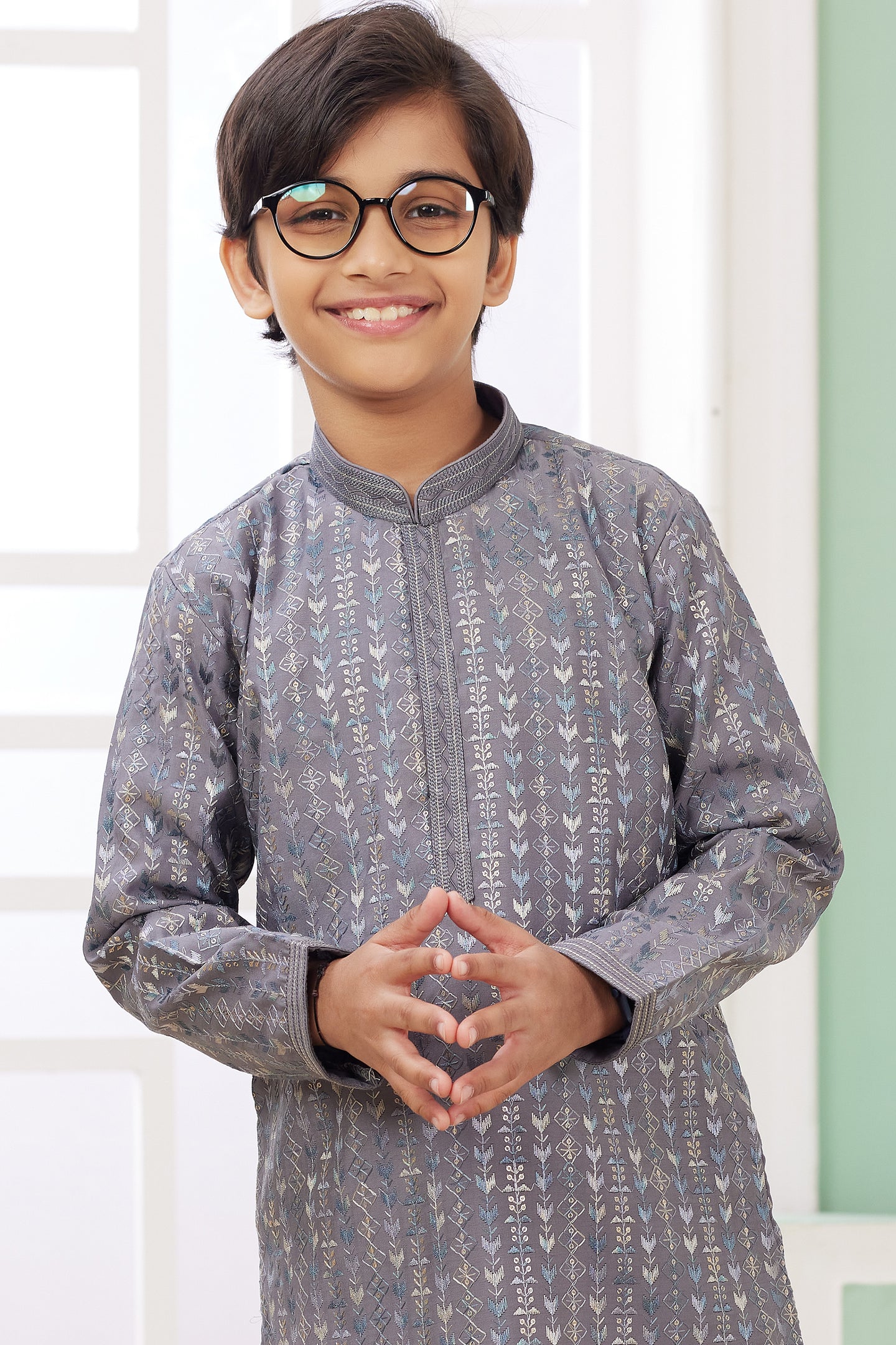 Lavender Gray Art Silk 2 Piece Kids Wear Boys Suit Long Kurta Pajama for Kids for Festivals & Wedding - Embroidery Work