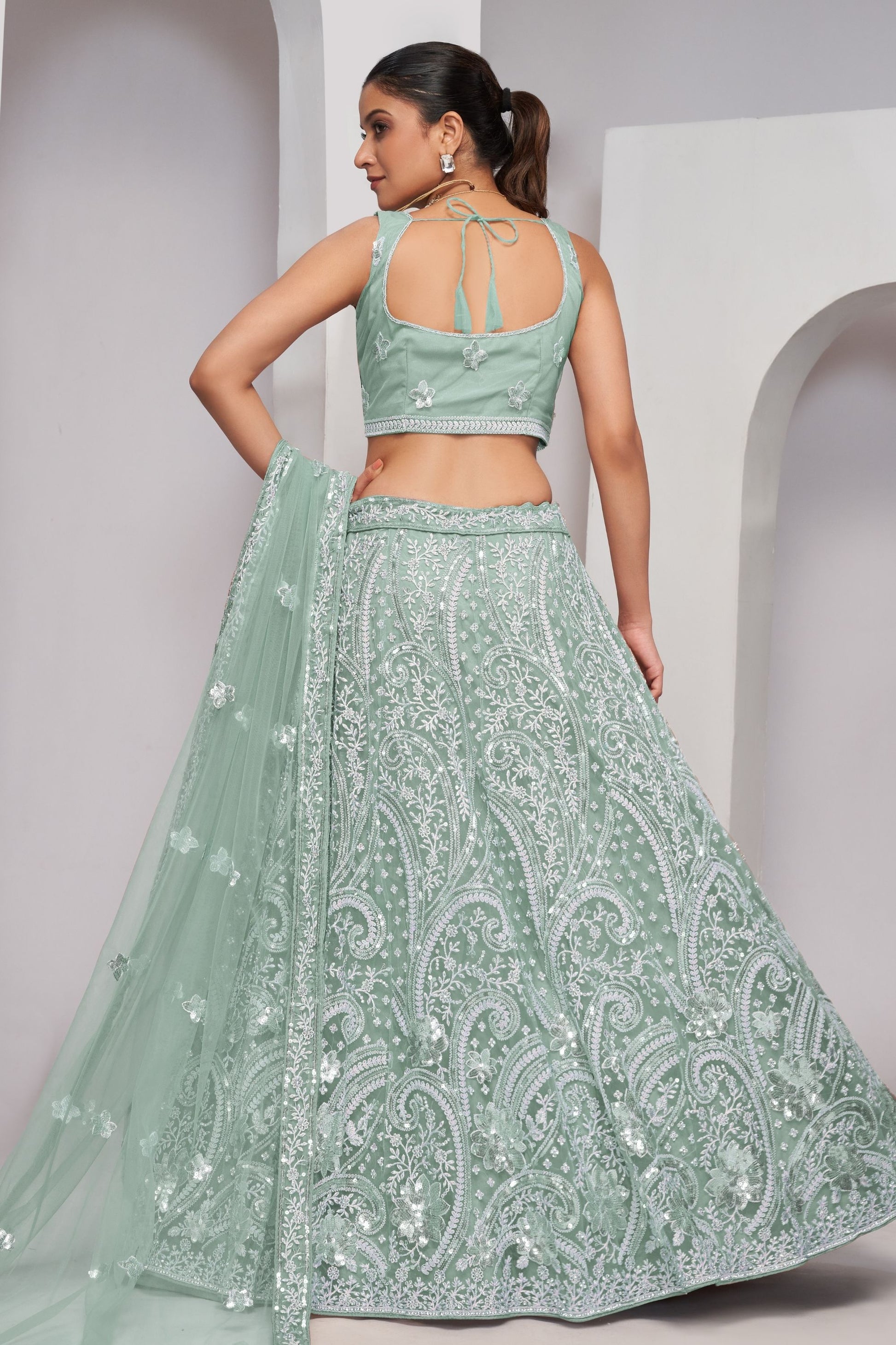 Mint Green Soft Net Lehenga Choli For Indian Festivals & Weddings - Sequins Work, Thread Work