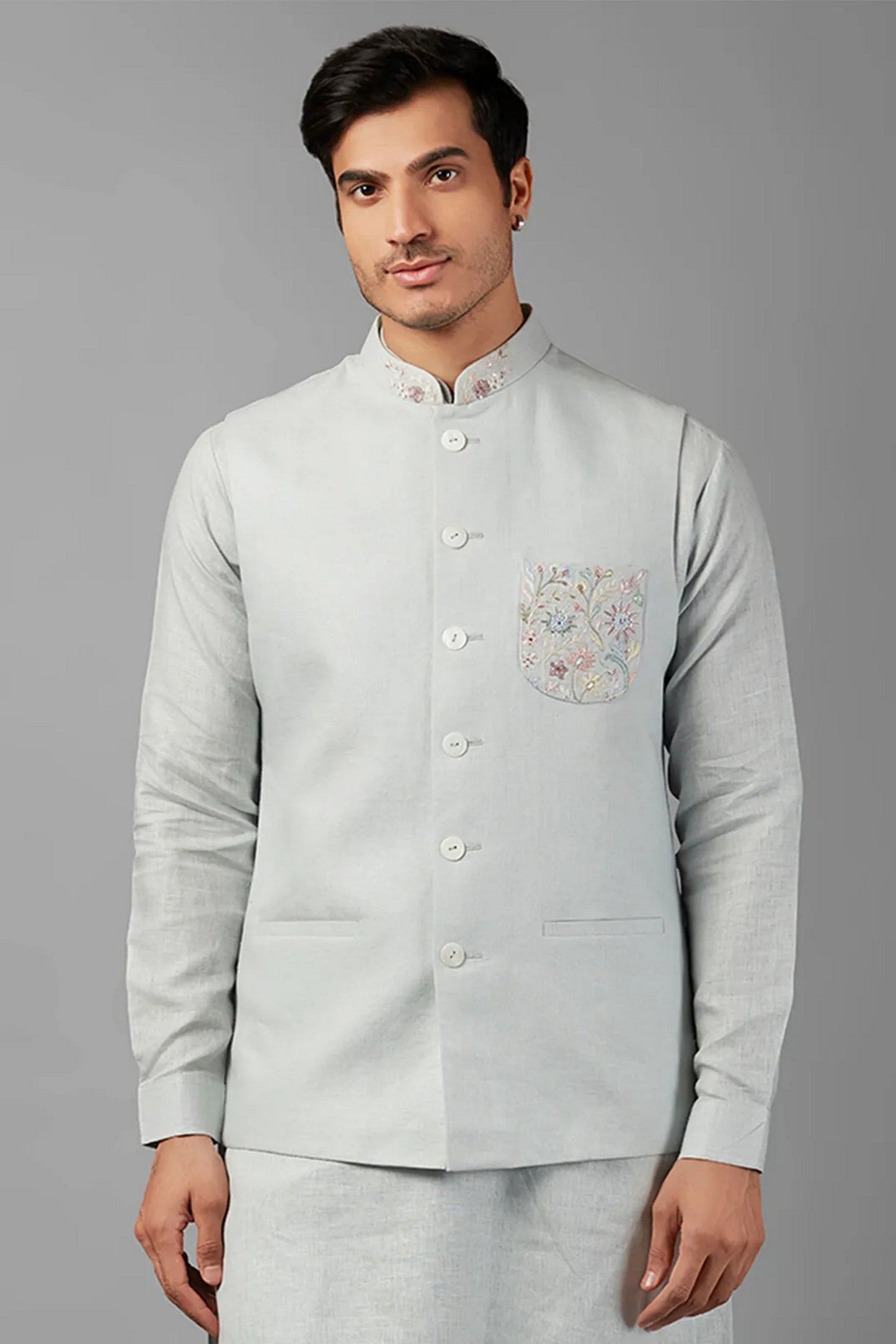 Silver Linen Men's Wedding Suit Waistcoat, Kurta with Pant - Embroidery Work