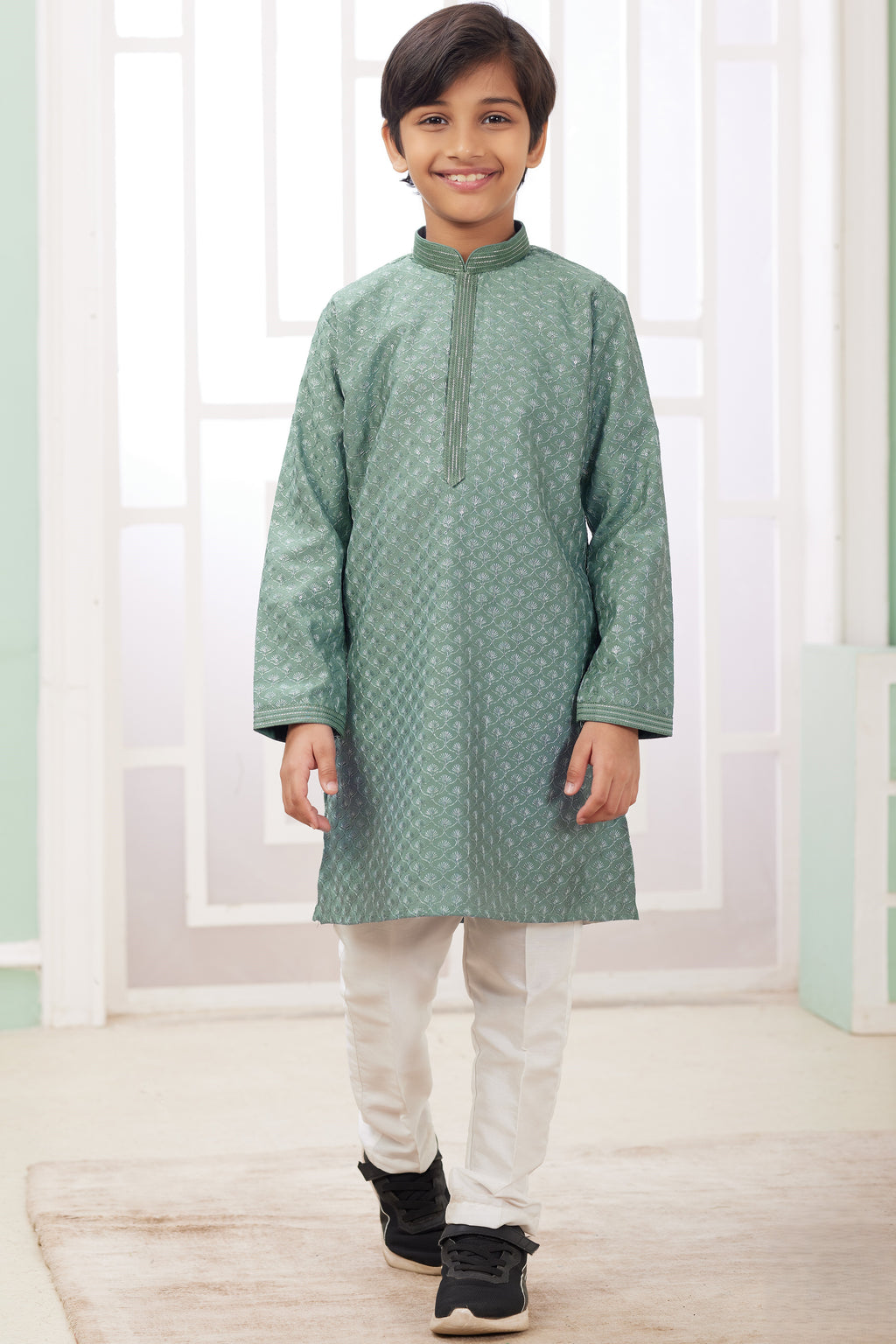 Dusty Green Art Silk 2 Piece Kids Wear Boys Suit Long Kurta Pajama for Kids for Festivals & Wedding - Embroidery Work