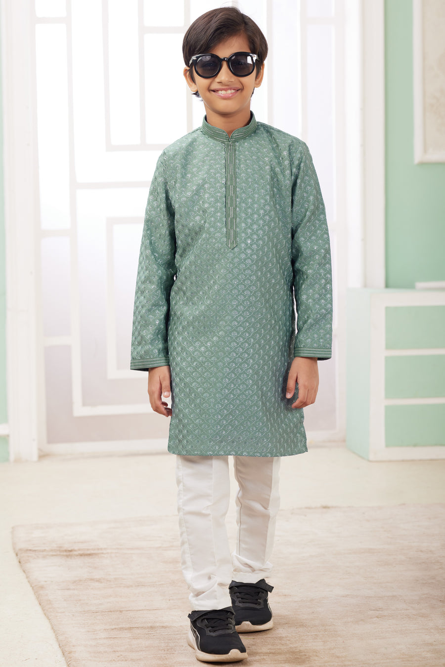 Dusty Green Art Silk 2 Piece Kids Wear Boys Suit Long Kurta Pajama for Kids for Festivals & Wedding - Embroidery Work