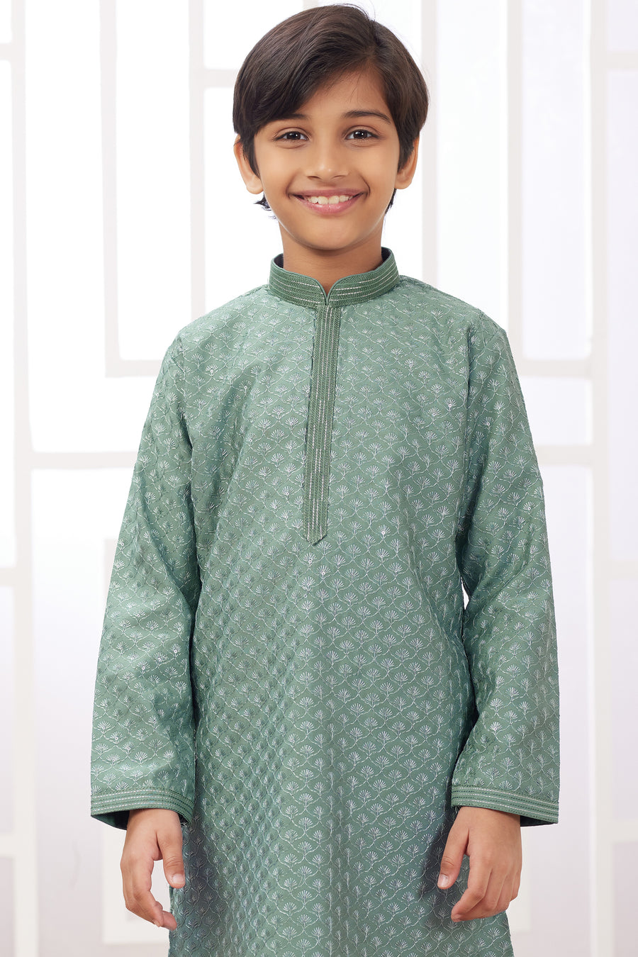 Dusty Green Art Silk 2 Piece Kids Wear Boys Suit Long Kurta Pajama for Kids for Festivals & Wedding - Embroidery Work