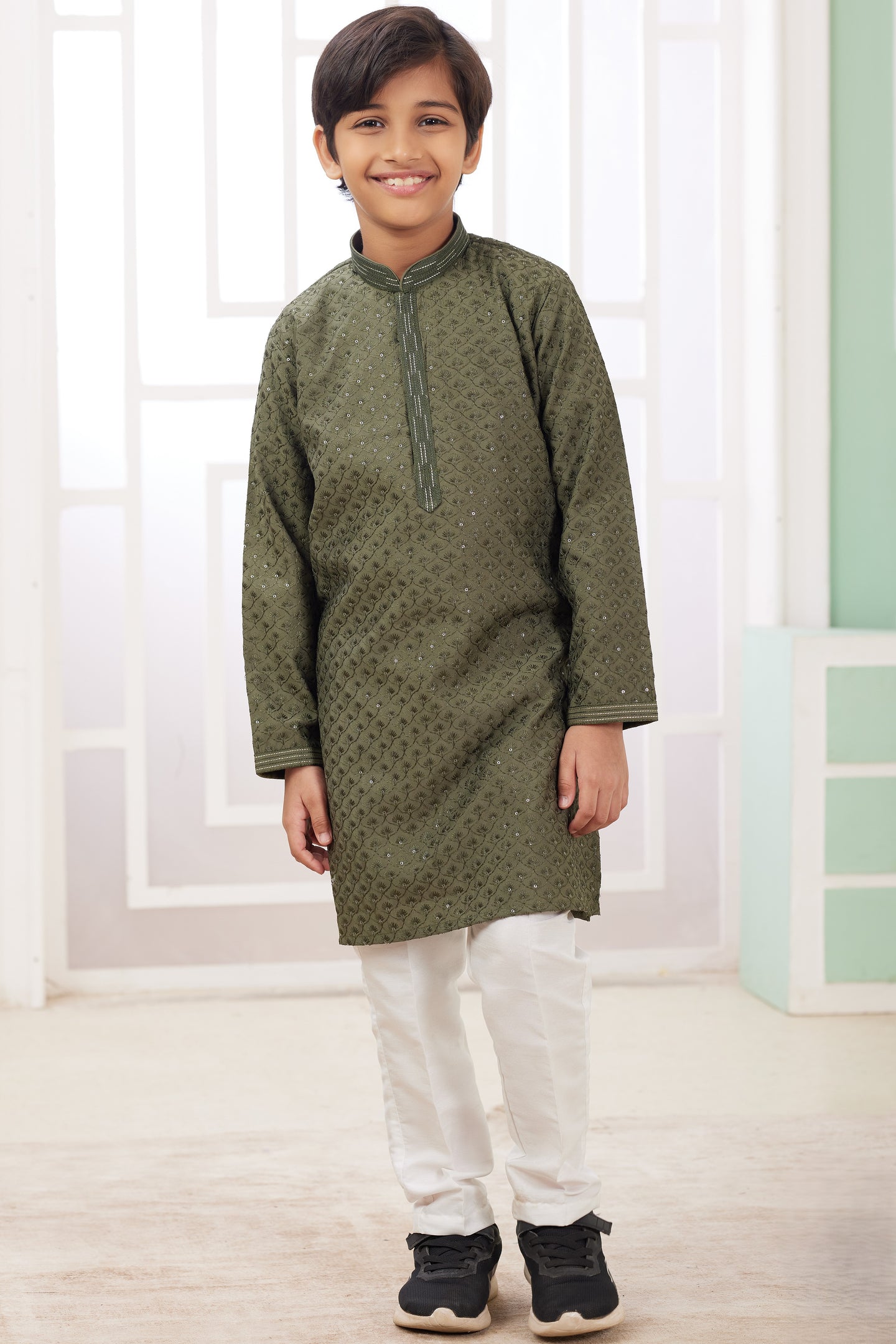 Olive Green Art Silk 2 Piece Kids Wear Boys Suit Long Kurta Pajama for Kids for Festivals & Wedding - Embroidery Work