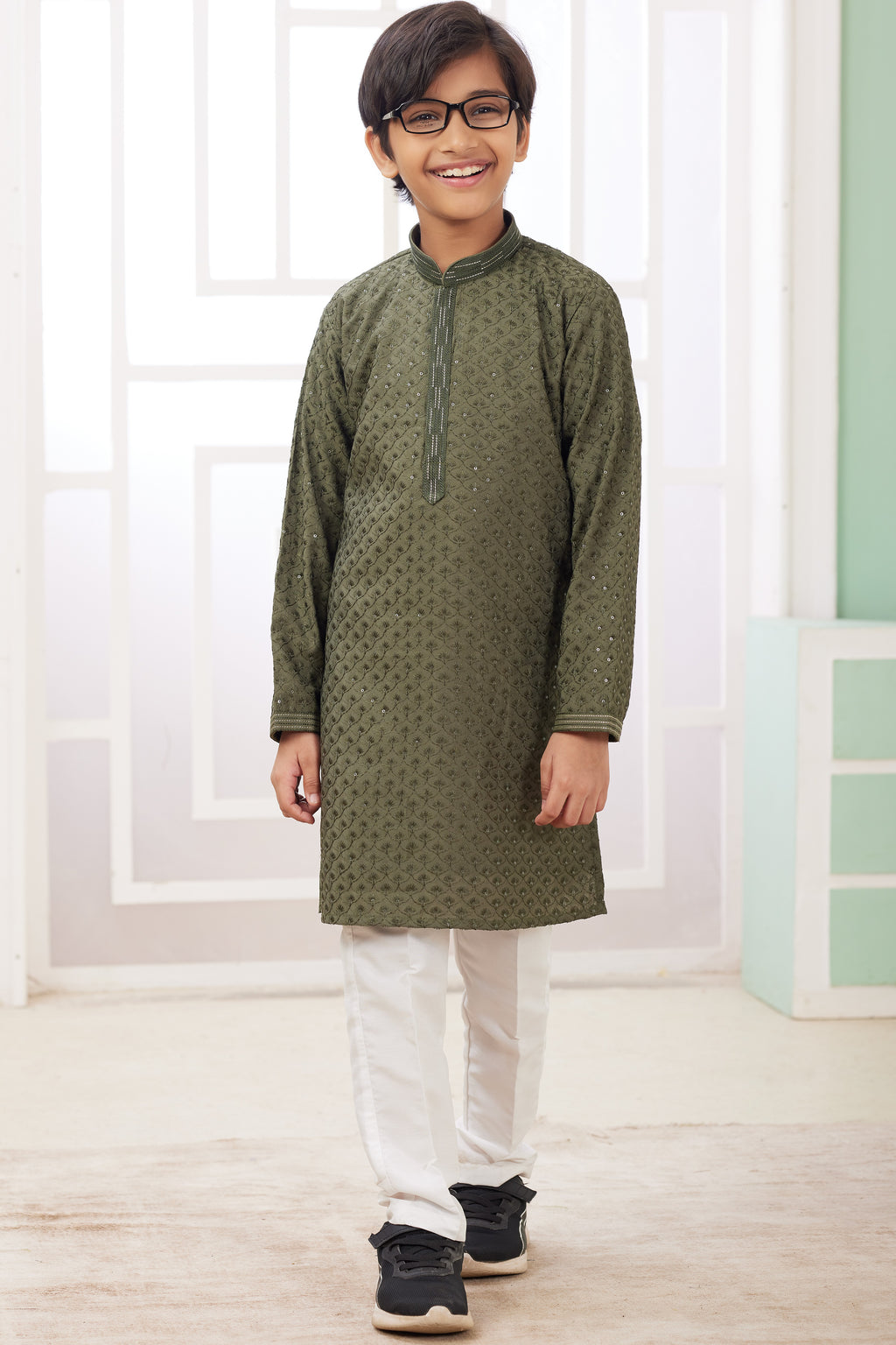 Olive Green Art Silk 2 Piece Kids Wear Boys Suit Long Kurta Pajama for Kids for Festivals & Wedding - Embroidery Work