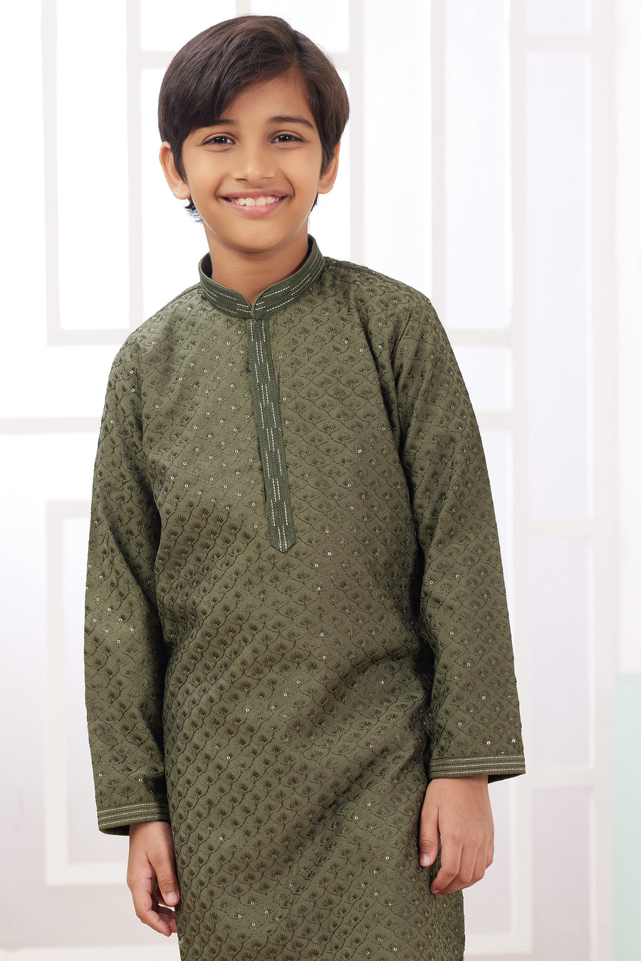 Olive Green Art Silk 2 Piece Kids Wear Boys Suit Long Kurta Pajama for Kids for Festivals & Wedding - Embroidery Work