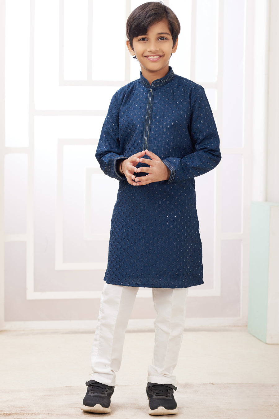 Navy Blue Art Silk Father Son Matching Combo Indo Western Traditional Sherwani Long Kurta & Pajama Suit for Wedding - Embroidery Work