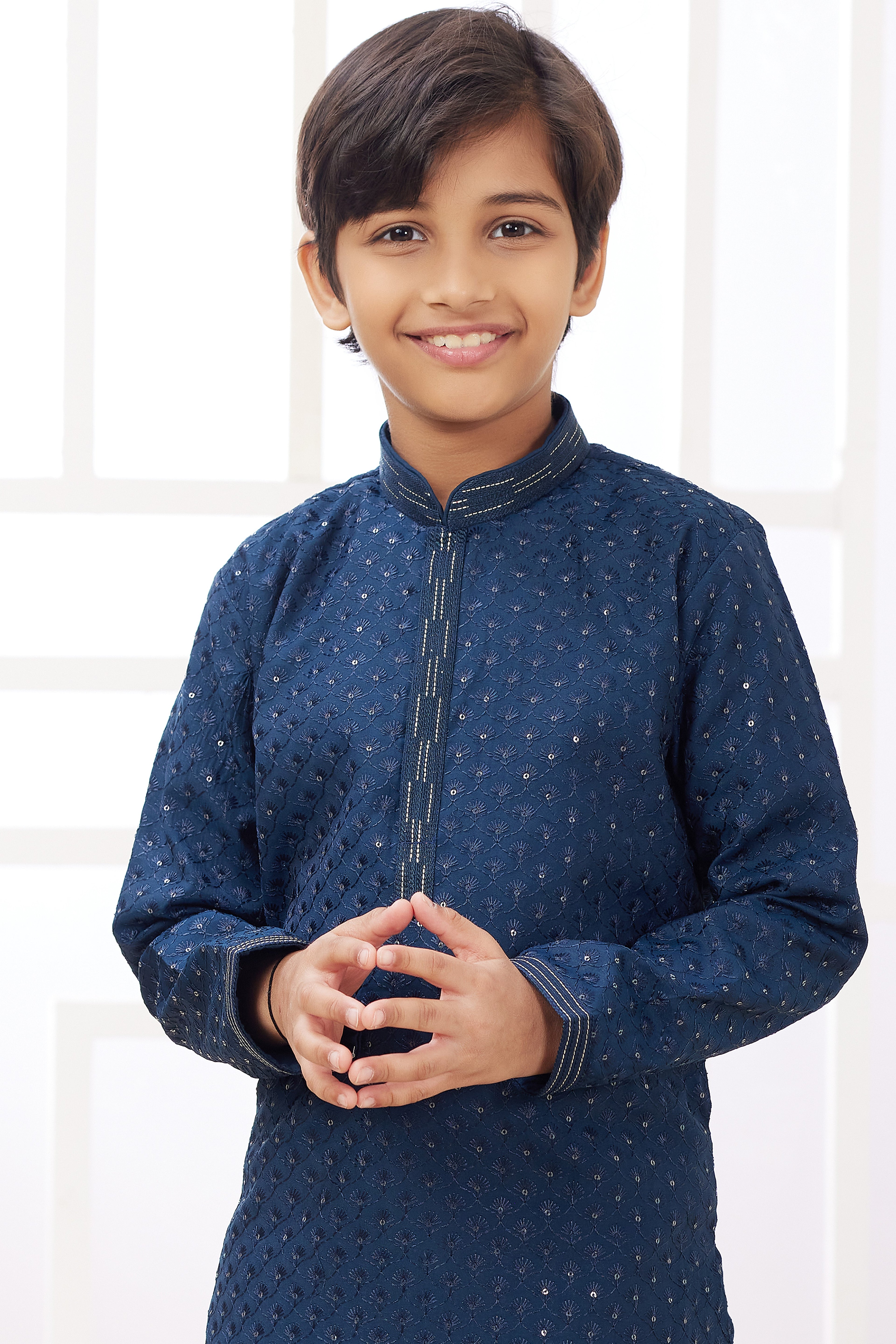 Navy Blue Art Silk Father Son Matching Combo Indo Western Traditional Sherwani Long Kurta & Pajama Suit for Wedding - Embroidery Work