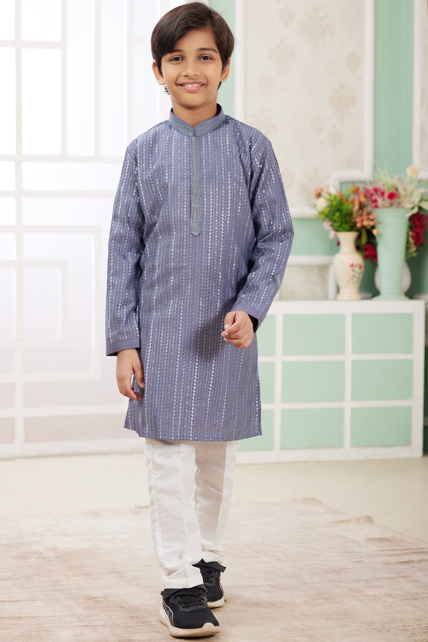 Dusty Blue Art Silk Father Son Matching Combo Indo Western Traditional Sherwani Long Kurta & Pajama Suit for Wedding - Embroidery Work