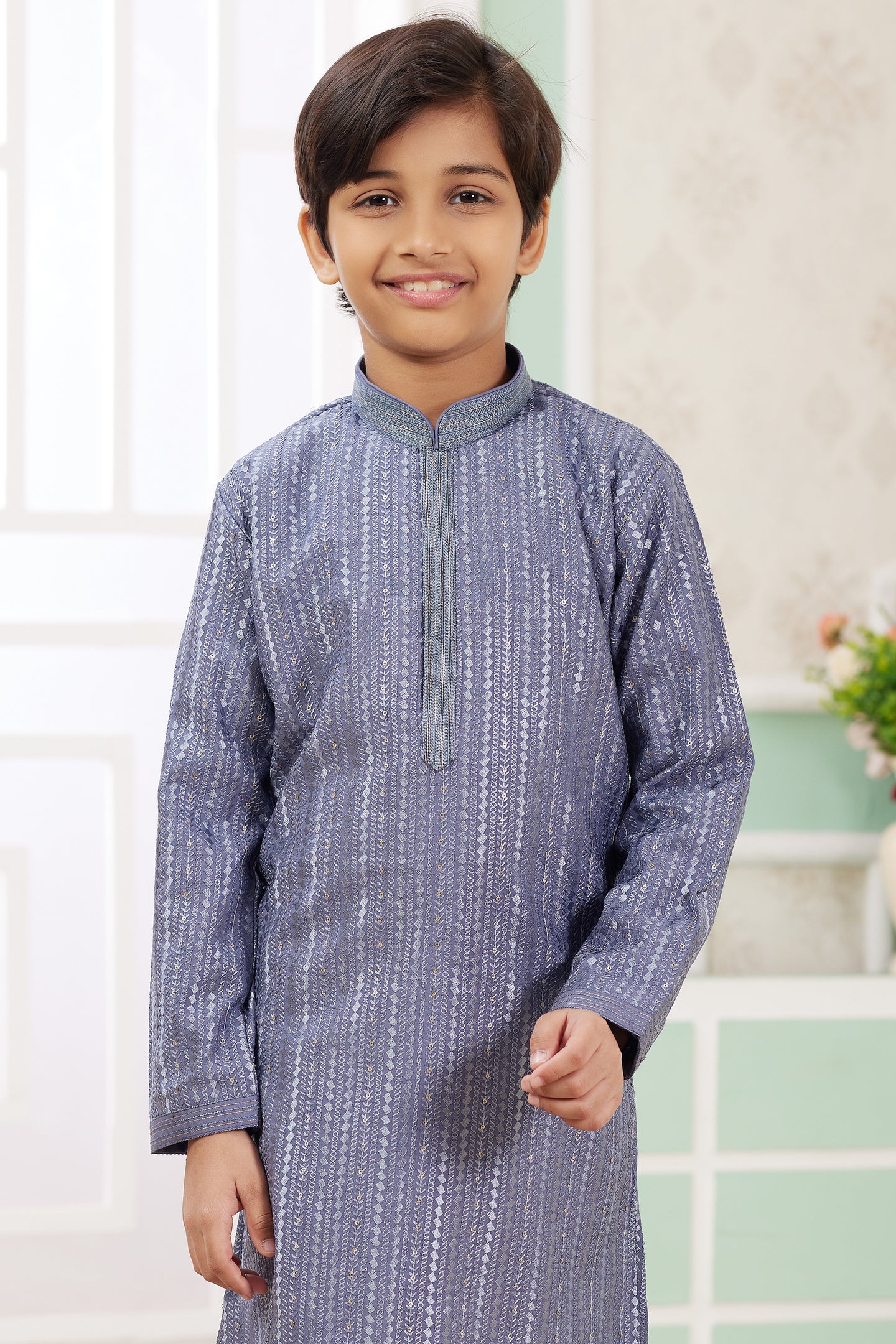 Dusty Blue Art Silk Father Son Matching Combo Indo Western Traditional Sherwani Long Kurta & Pajama Suit for Wedding - Embroidery Work