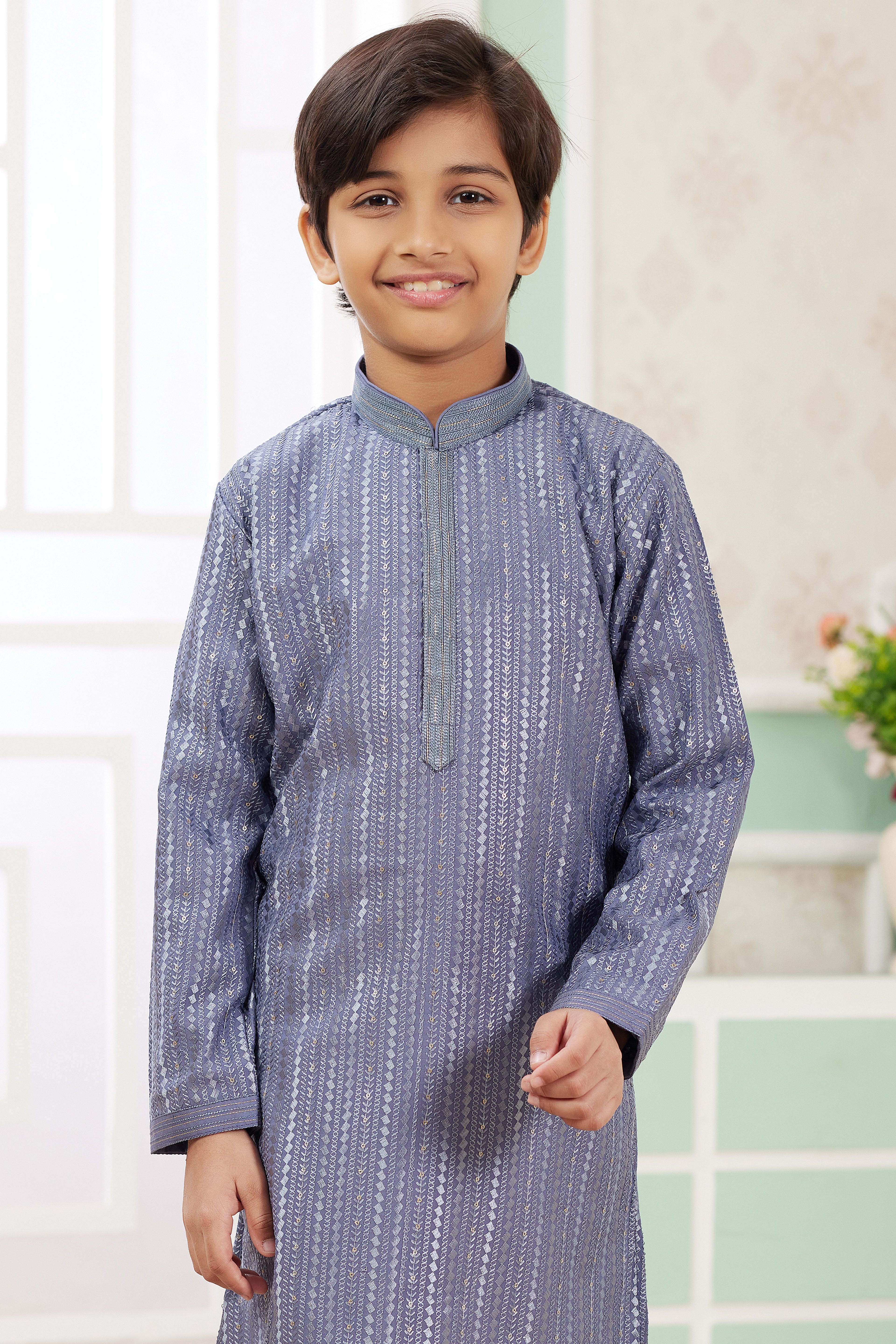 Dusty Blue Art Silk Father Son Matching Combo Indo Western Traditional Sherwani Long Kurta & Pajama Suit for Wedding - Embroidery Work