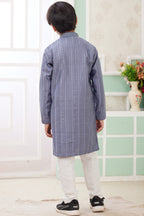 Dusty Blue Art Silk Father Son Matching Combo Indo Western Traditional Sherwani Long Kurta & Pajama Suit for Wedding - Embroidery Work