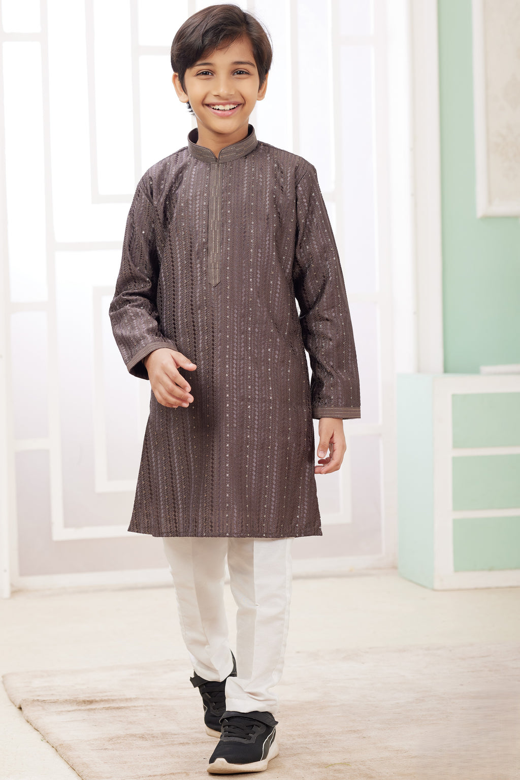 Brown Art Silk Father Son Matching Combo Indo Western Traditional Sherwani Long Kurta & Pajama Suit for Wedding - Embroidery Work