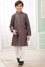 Brown Art Silk Father Son Matching Combo Indo Western Traditional Sherwani Long Kurta & Pajama Suit for Wedding - Embroidery Work
