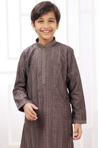 Brown Art Silk Father Son Matching Combo Indo Western Traditional Sherwani Long Kurta & Pajama Suit for Wedding - Embroidery Work