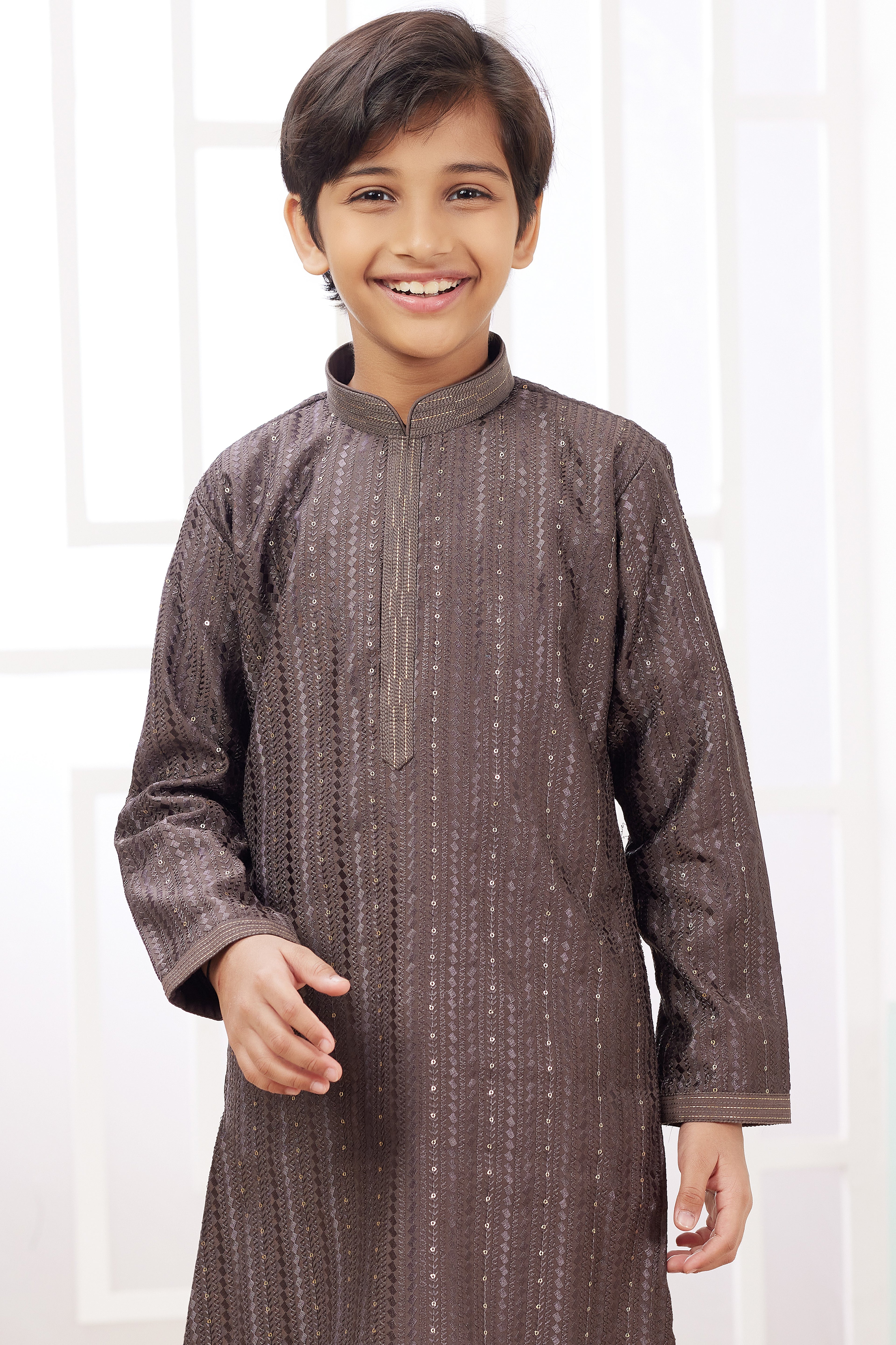 Brown Art Silk Father Son Matching Combo Indo Western Traditional Sherwani Long Kurta & Pajama Suit for Wedding - Embroidery Work