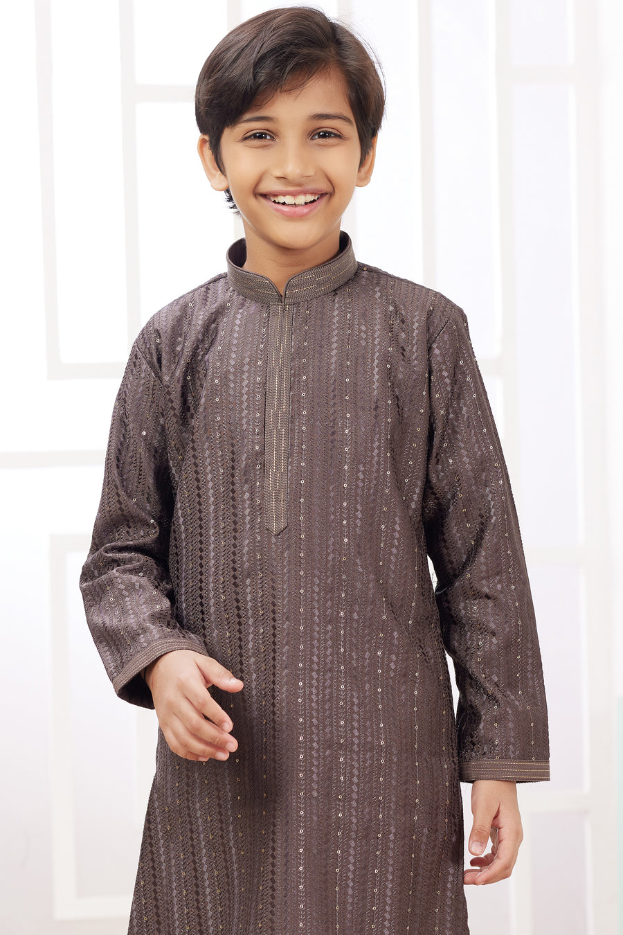 Brown Art Silk Father Son Matching Combo Indo Western Traditional Sherwani Long Kurta & Pajama Suit for Wedding - Embroidery Work