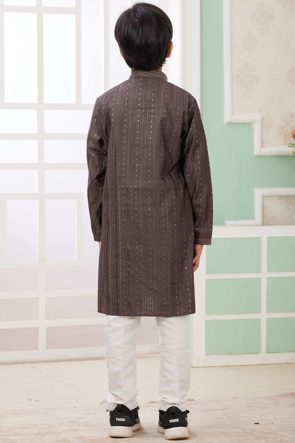 Brown Art Silk Father Son Matching Combo Indo Western Traditional Sherwani Long Kurta & Pajama Suit for Wedding - Embroidery Work