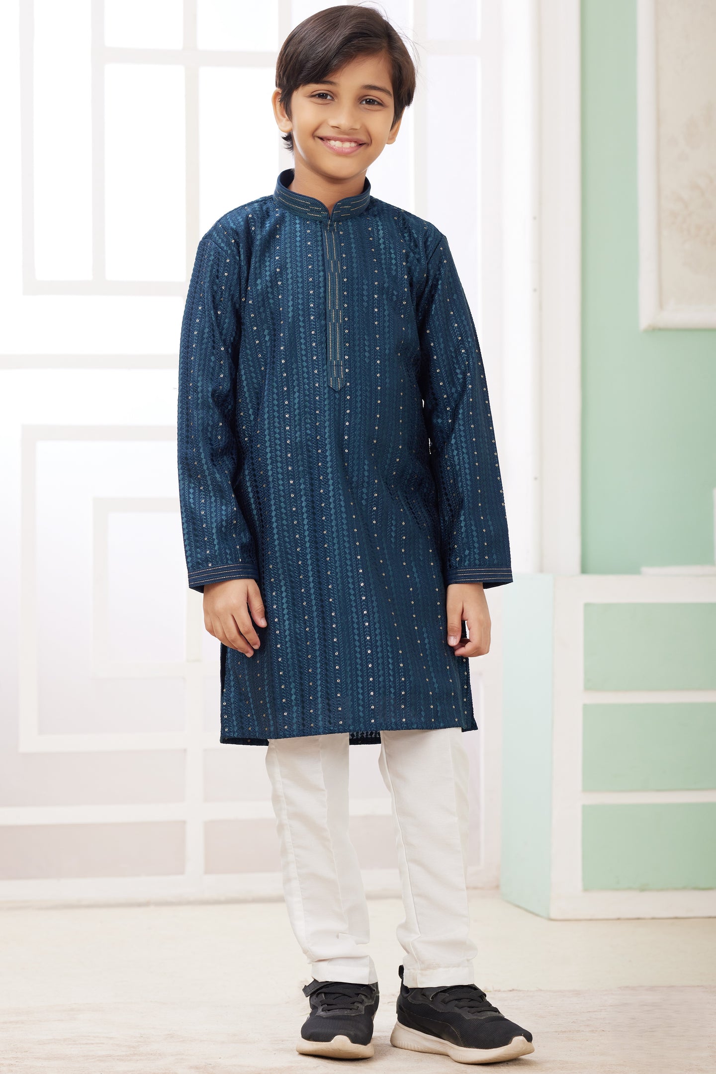 Deep Teal Art Silk Father Son Matching Combo Indo Western Traditional Sherwani Long Kurta & Pajama Suit for Wedding - Embroidery Work
