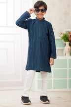 Drak Blue Art Silk 2 Piece Kids Wear Boys Suit Long Kurta Pajama for Kids for Festivals & Wedding - Embroidery Work