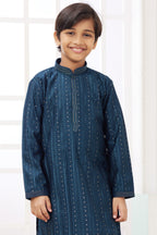 Deep Teal Art Silk Father Son Matching Combo Indo Western Traditional Sherwani Long Kurta & Pajama Suit for Wedding - Embroidery Work