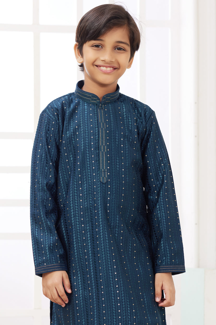 Deep Teal Art Silk Father Son Matching Combo Indo Western Traditional Sherwani Long Kurta & Pajama Suit for Wedding - Embroidery Work