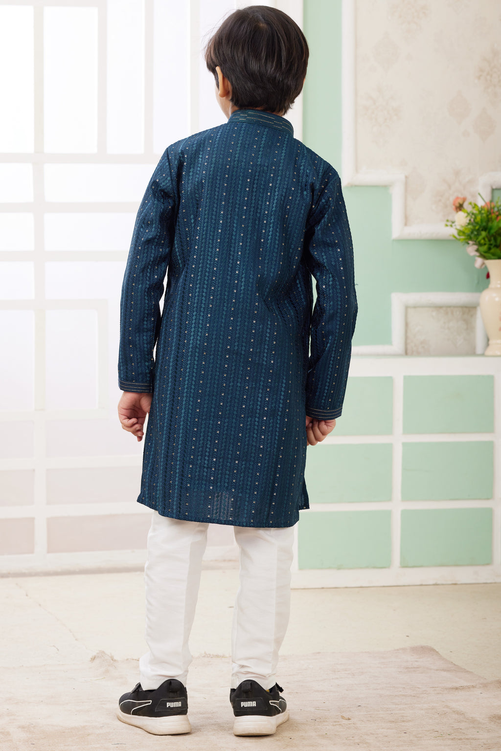 Deep Teal Art Silk Father Son Matching Combo Indo Western Traditional Sherwani Long Kurta & Pajama Suit for Wedding - Embroidery Work