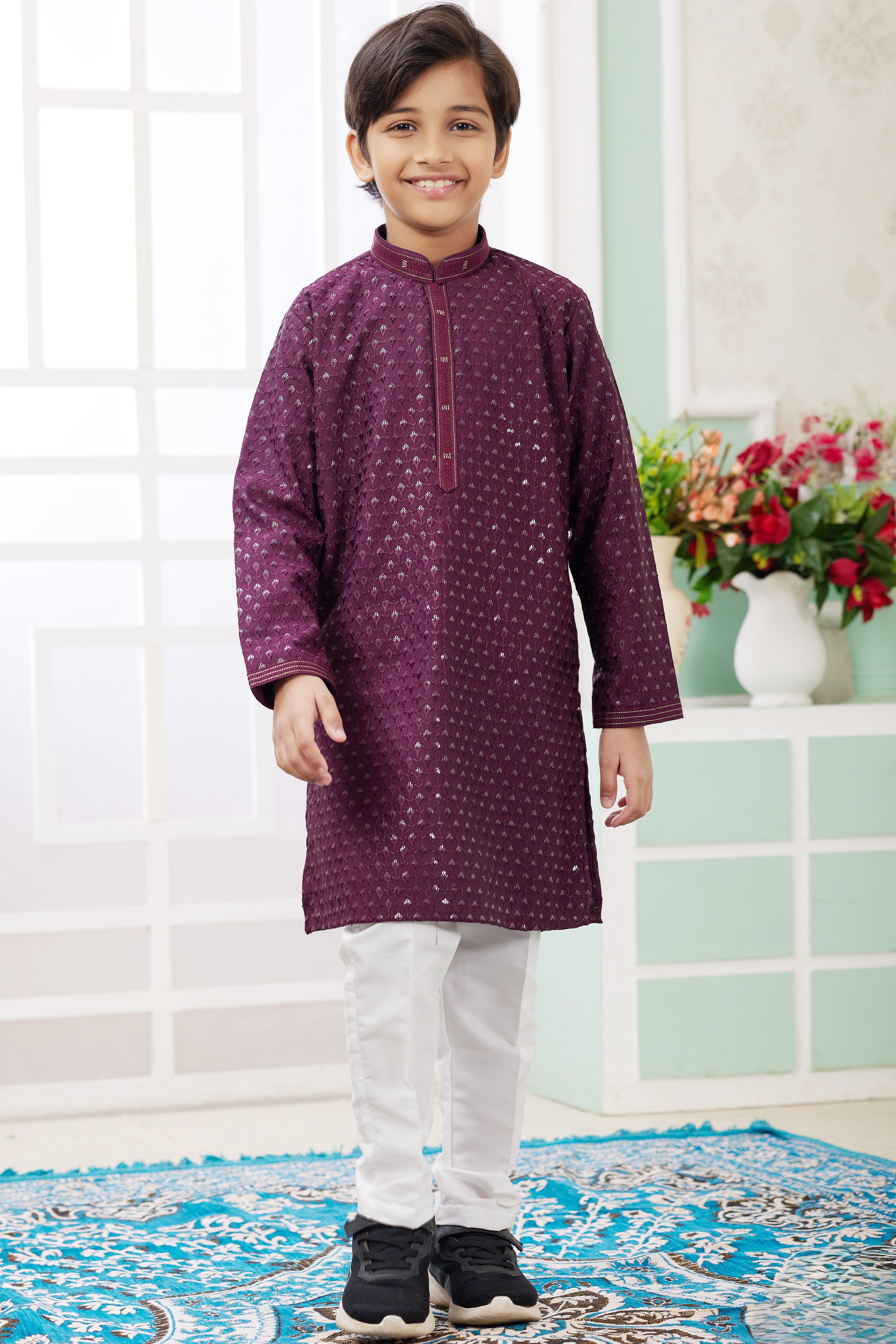 Burgundy Art Silk Father Son Matching Combo Indo Western Traditional Sherwani Long Kurta & Pajama Suit for Wedding - Embroidery Work