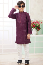 Maroon Art Silk 2 Piece Kids Wear Boys Suit Long Kurta Pajama for Kids for Festivals & Wedding - Embroidery Work