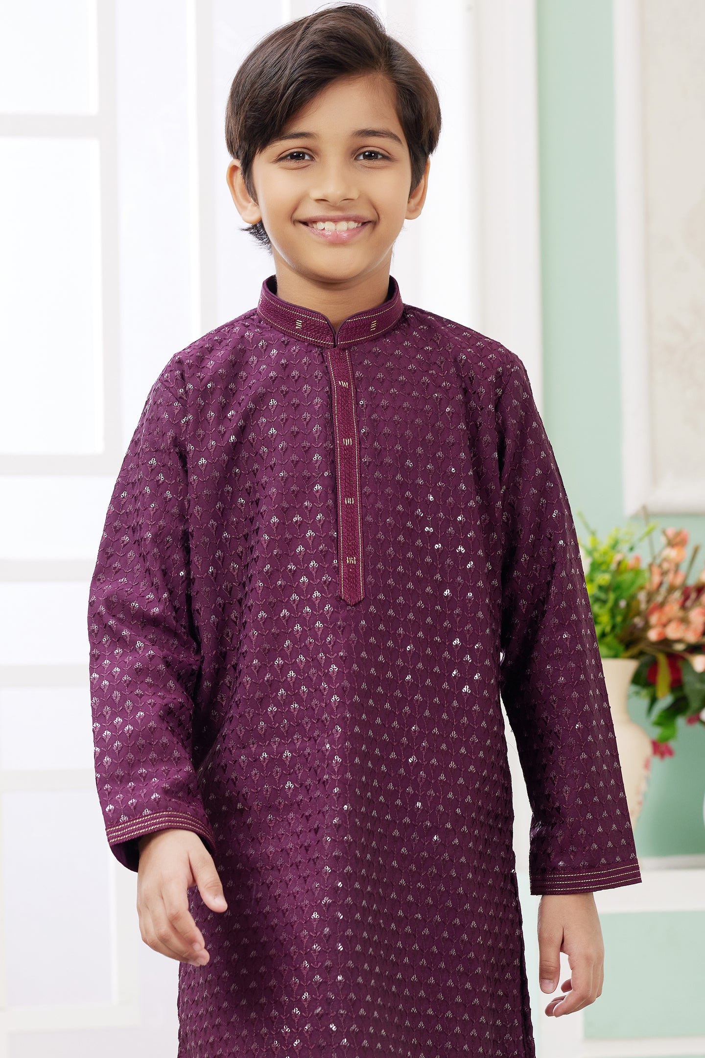 Burgundy Art Silk Father Son Matching Combo Indo Western Traditional Sherwani Long Kurta & Pajama Suit for Wedding - Embroidery Work