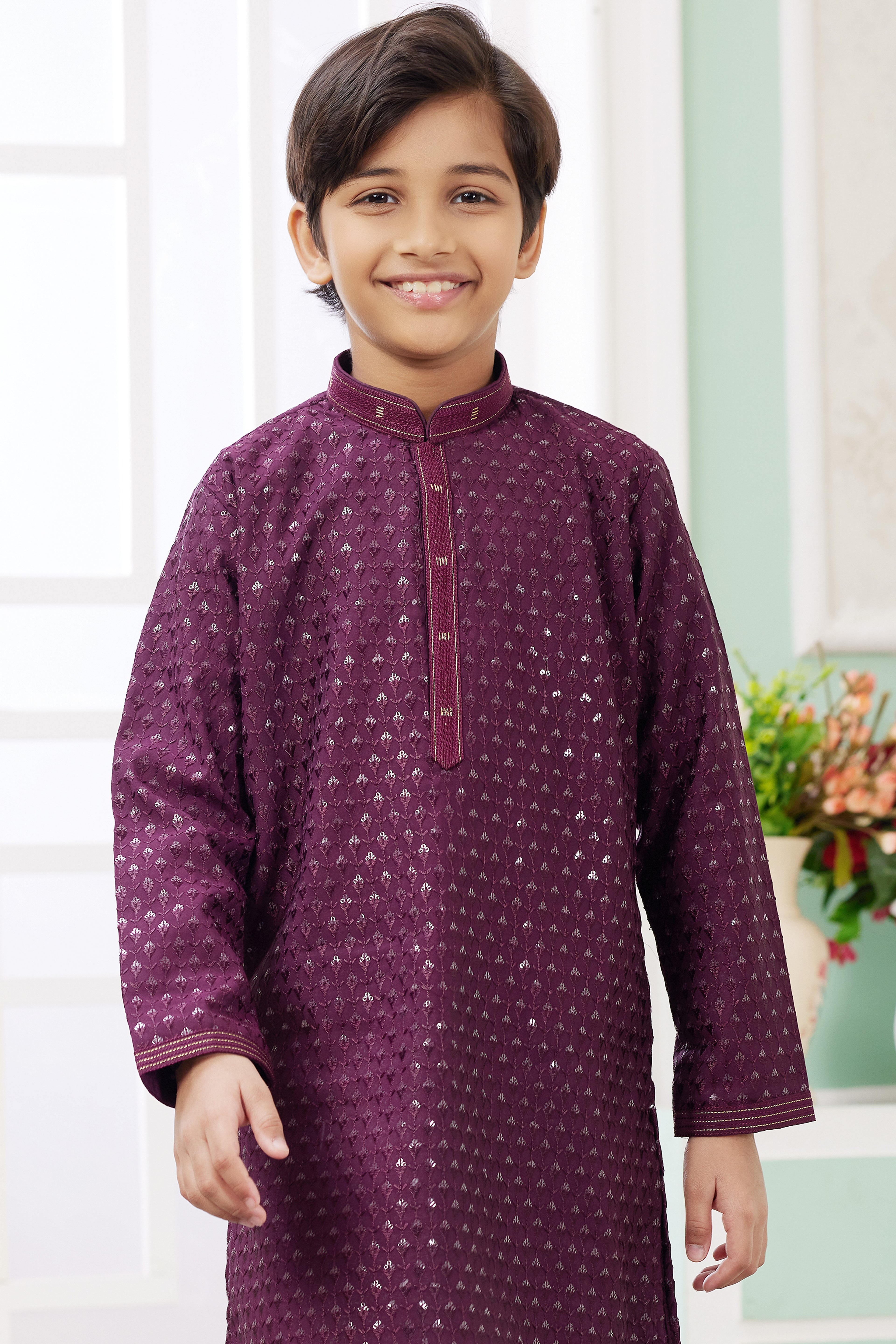 Burgundy Art Silk Father Son Matching Combo Indo Western Traditional Sherwani Long Kurta & Pajama Suit for Wedding - Embroidery Work