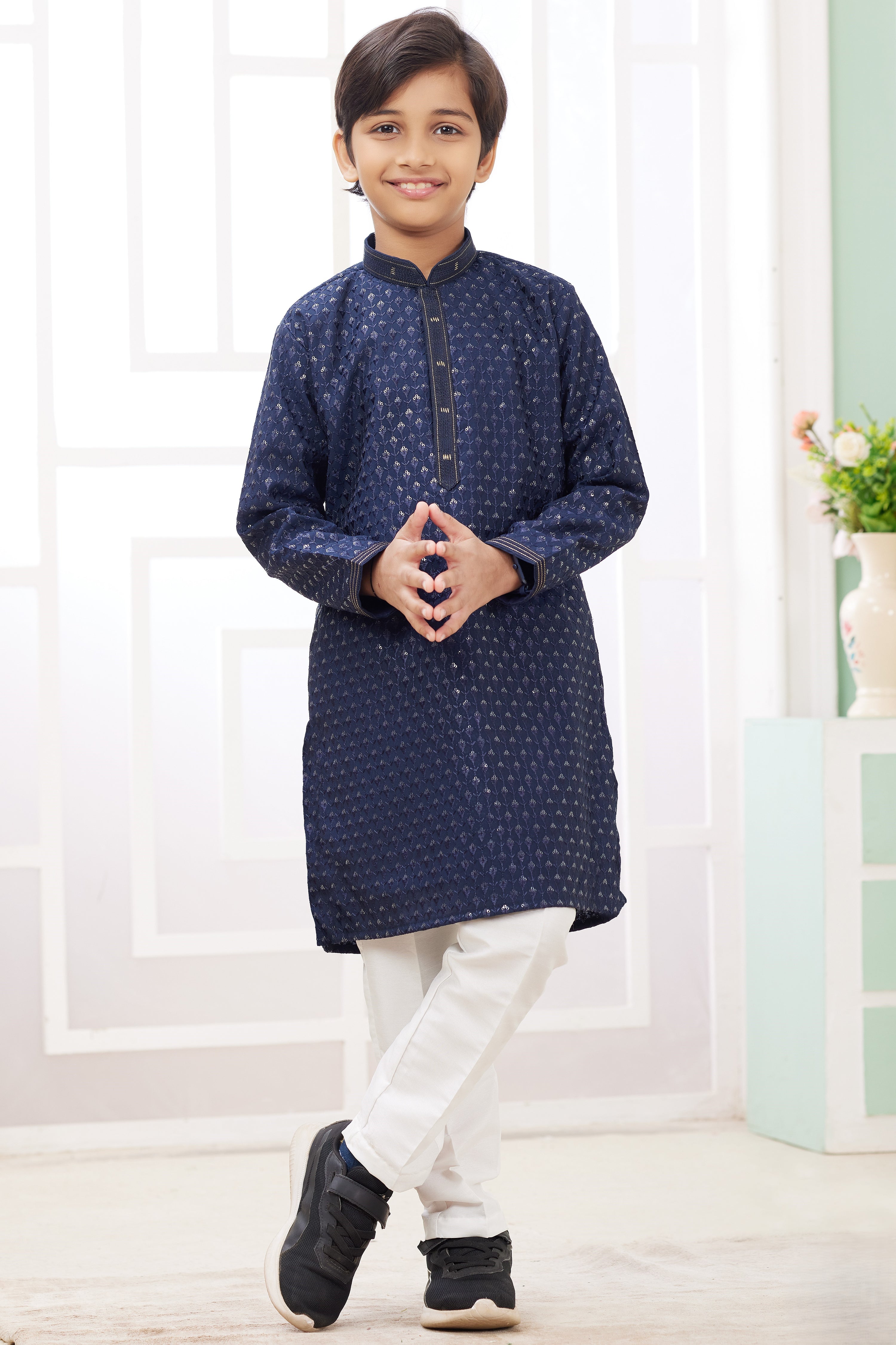 Navy Blue Art Silk 2 Piece Kids Wear Boys Suit Long Kurta Pajama for Kids for Festivals & Wedding - Embroidery Work