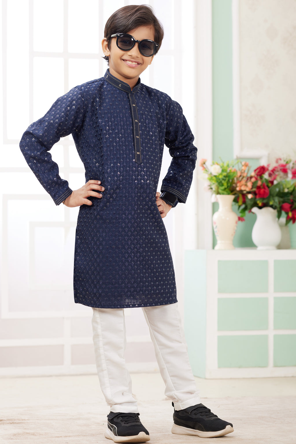 Navy Blue Art Silk 2 Piece Kids Wear Boys Suit Long Kurta Pajama for Kids for Festivals & Wedding - Embroidery Work