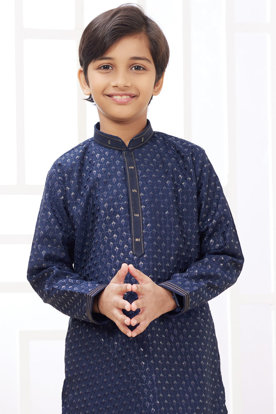 Navy Blue Art Silk 2 Piece Kids Wear Boys Suit Long Kurta Pajama for Kids for Festivals & Wedding - Embroidery Work