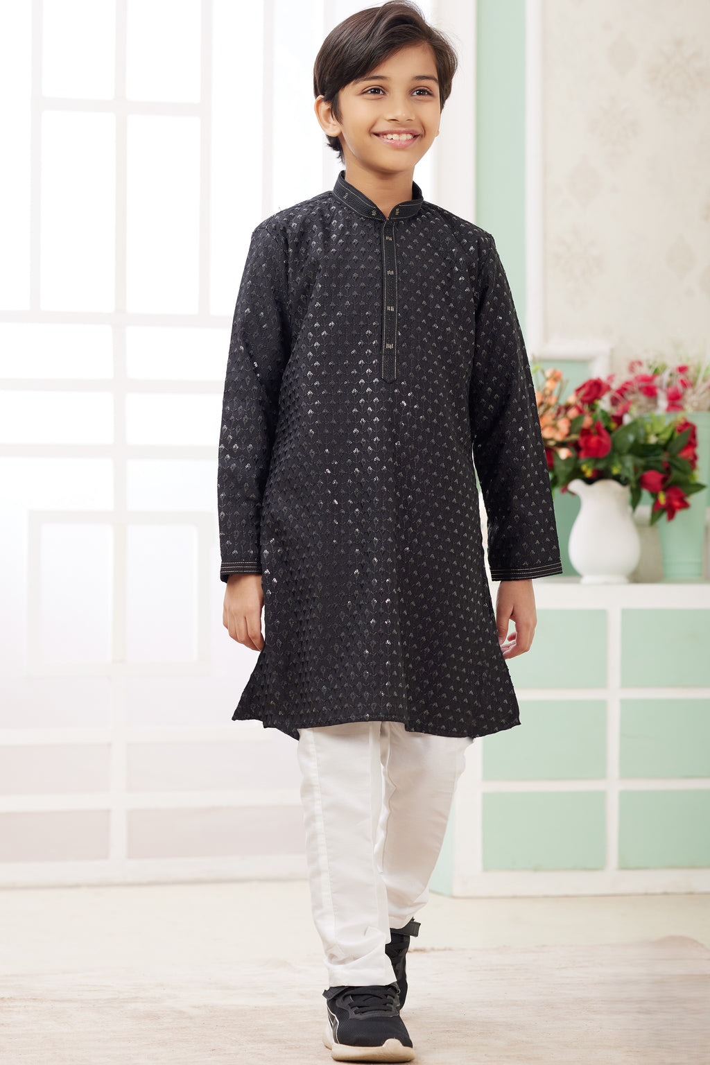 Black Art Silk Father Son Matching Combo Indo Western Traditional Sherwani Long Kurta & Pajama Suit for Wedding - Embroidery Work